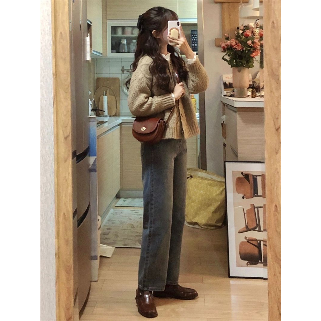 Áo Khoác Len nâu Dáng Vừa Cổ Tròn Phong Cách Vintage hàn Quốc Mùa Thu Cho Bạn gái