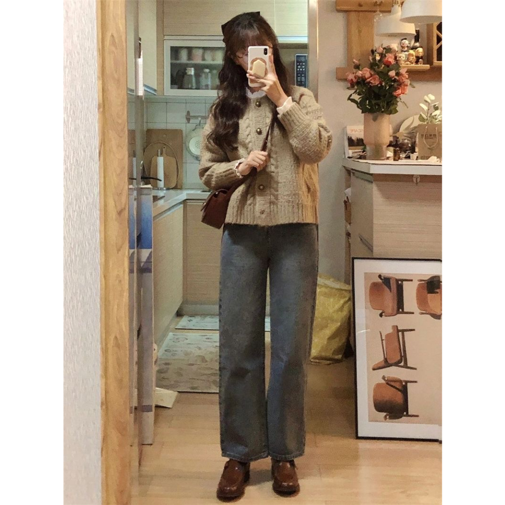 Áo Khoác Len nâu Dáng Vừa Cổ Tròn Phong Cách Vintage hàn Quốc Mùa Thu Cho Bạn gái