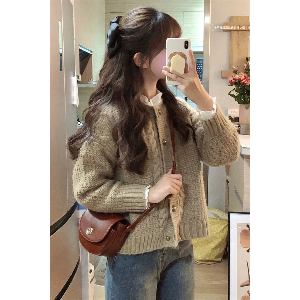 Áo Khoác Len nâu Dáng Vừa Cổ Tròn Phong Cách Vintage hàn Quốc Mùa Thu Cho Bạn gái