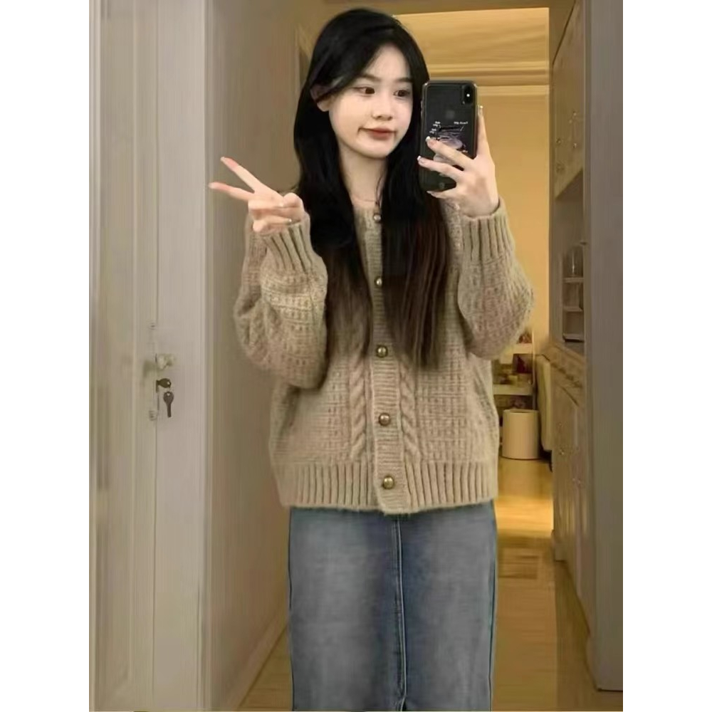 Áo Khoác Len nâu Dáng Vừa Cổ Tròn Phong Cách Vintage hàn Quốc Mùa Thu Cho Bạn gái