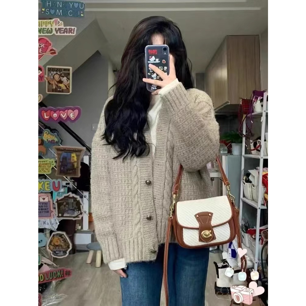 Áo Khoác Len nâu Dáng Vừa Cổ Tròn Phong Cách Vintage hàn Quốc Mùa Thu Cho Bạn gái