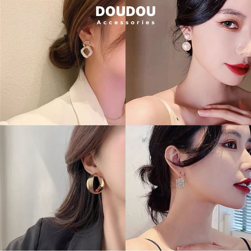 Bông tai Doudou Hoa tai đi tiệc Khuyên tai Khuyên tròn dài hợp kim cá tính phong cách Âu Mỹ sang chảnh thời trang EH005