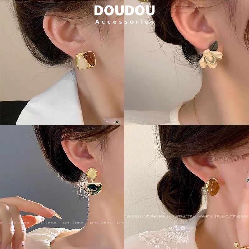 Bông tai Doudou Hoa tai đi tiệc Khuyên tai Khuyên tròn dài hợp kim cá tính phong cách Âu Mỹ sang chảnh thời trang EH005