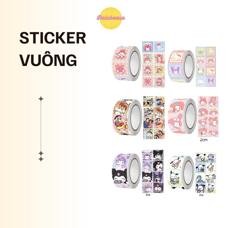 Sticker 100 miếng hình vuông nhiều kích cỡ, có mẫu gấu dâu niêm dùng trang trí, niêm phong - Văn phòng phẩm Rainbeaux