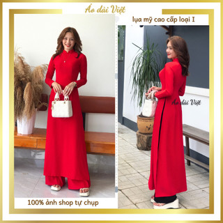 Áo dài màu đỏ trơn truyền thống may sẵn đi lễ tết đám cưới cô dâu lụa mỹ loại 1 cao cấp mềm mịn mát