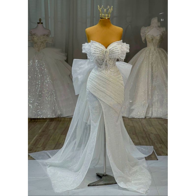 Đuôi nơ kim tuyến lấp lánh trang trí váy cưới đầm tiệc tạo kiểu