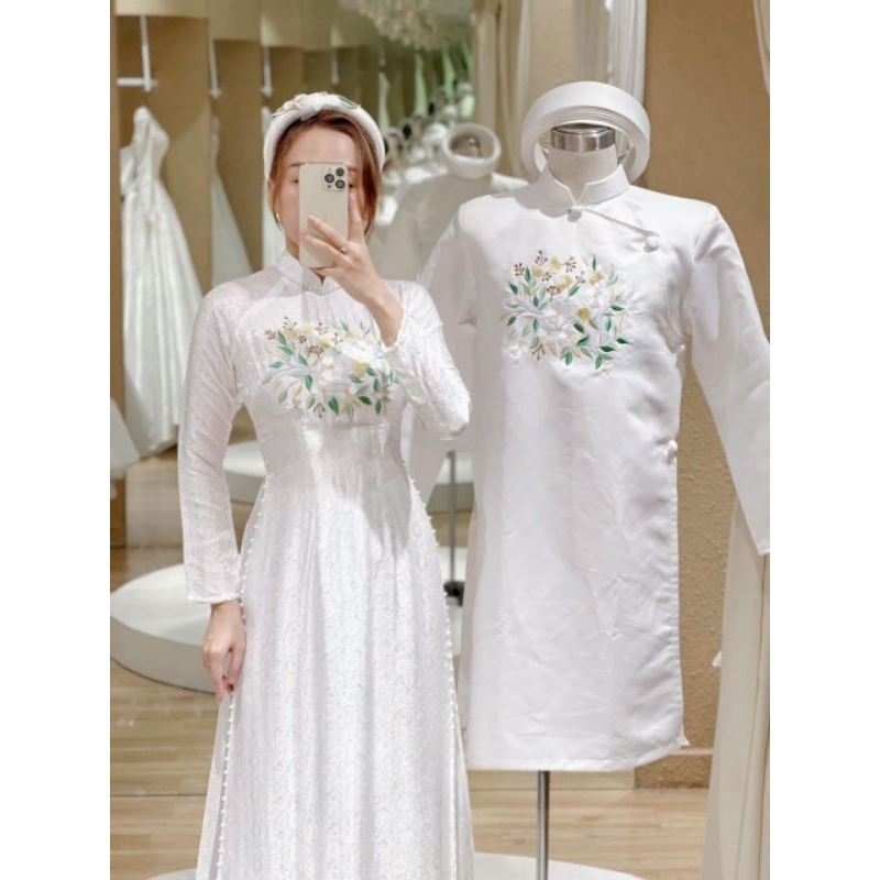 Áo dài cặp cưới hỏi trắng thêu tay đẹp