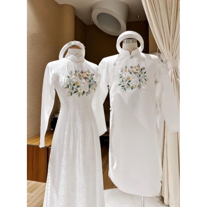 Áo dài cặp cưới hỏi trắng thêu tay đẹp