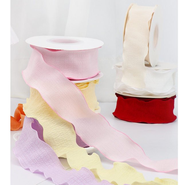 Nguyên cuộn dây ruy băng vải xốp nhún gói hoa, quà, buộc tóc, trang trí tiệc tùng bánh kem màu pastel bản 2.5cm