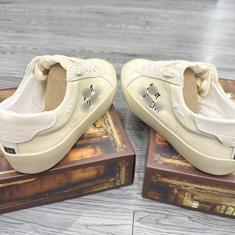Giày thể thao sneaker nam nữ canvas be sữa vải dệt chữ wash rách phối viền da dập chữ gót đế cao su GS45P