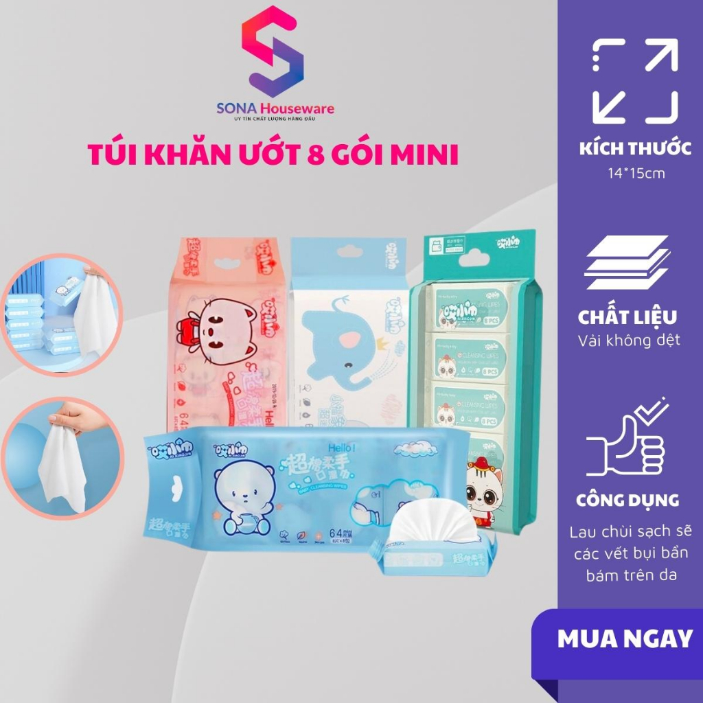 Túi khăn ướt 8 gói mini Sonahouse nước tinh khiết an toàn làn da bỏ túi tiện lợi
