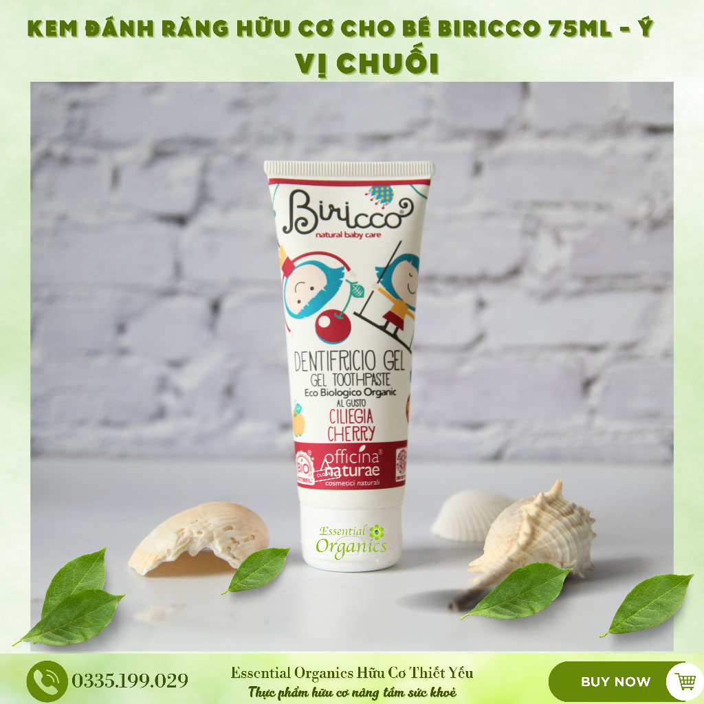 Kem đánh răng hữu cơ cho bé organic baby toothpaste Biricco 75ml, kem đánh răng hương chuối dâu cherry cho bé từ 12 thán