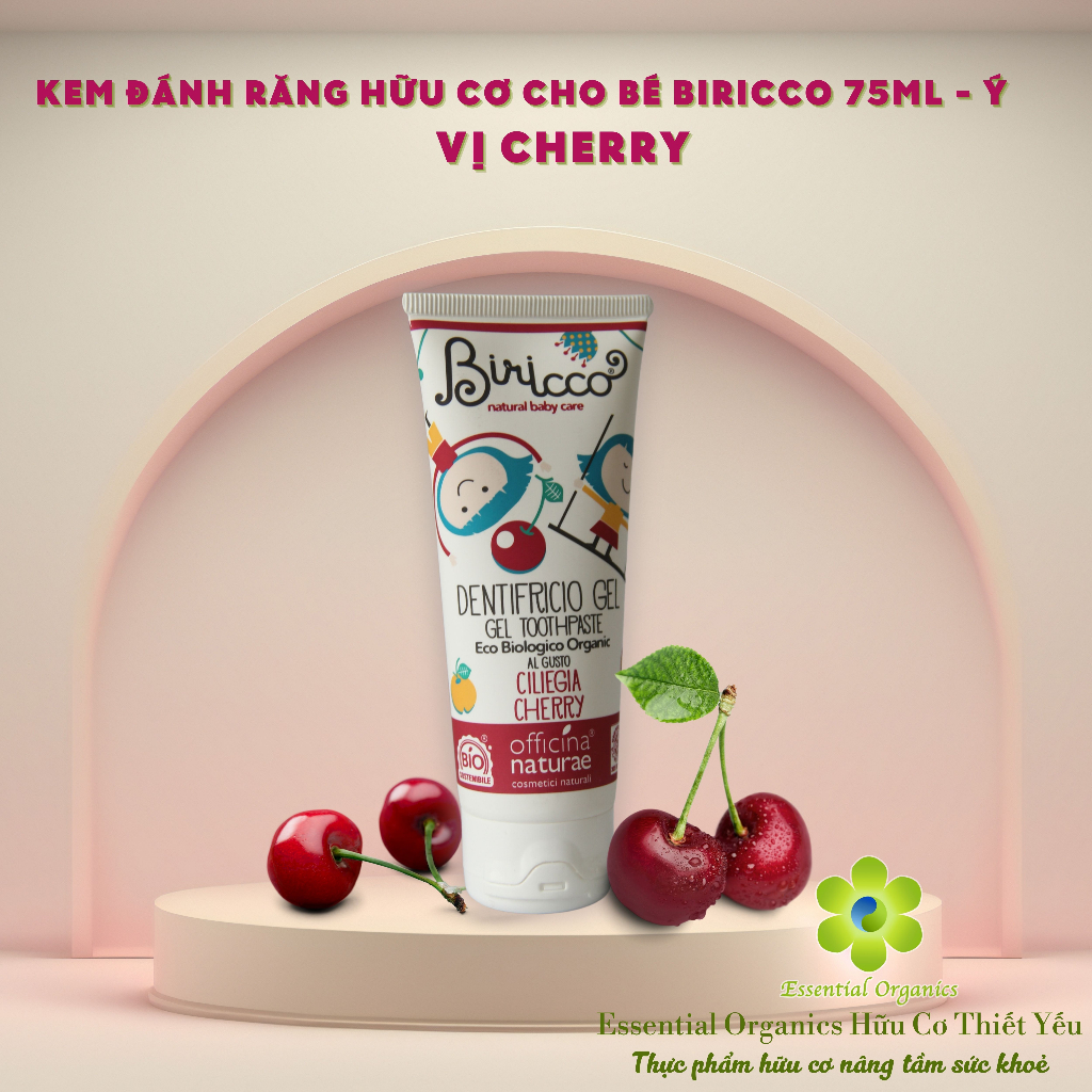 Kem đánh răng hữu cơ cho bé organic baby toothpaste Biricco 75ml, kem đánh răng hương chuối dâu cherry cho bé từ 12 thán