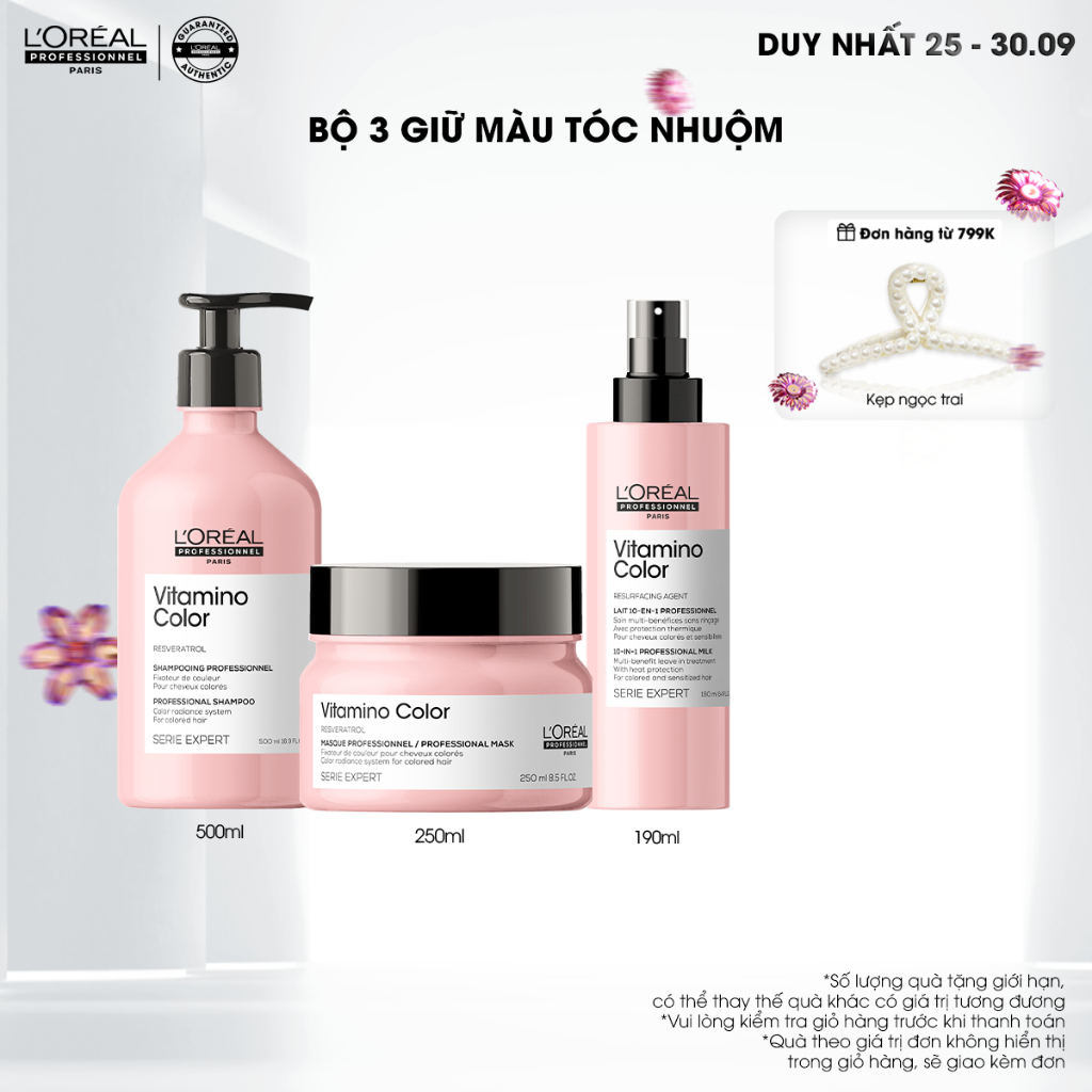 Combo Dầu gội 500ml, Dầu hấp 250ml & Xịt dưỡng 190ml giữ màu tóc nhuộm & dưỡng tóc mềm mượt Vitamino Color