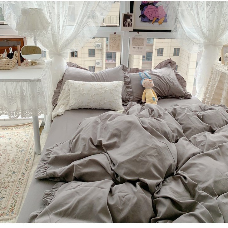 Bộ chăn ga cotton bèo Hàn dễ thương set vỏ 4 món miễn phí bo chun