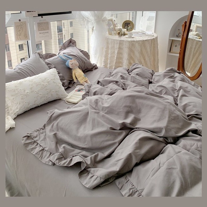 Bộ chăn ga cotton bèo Hàn dễ thương set vỏ 4 món miễn phí bo chun