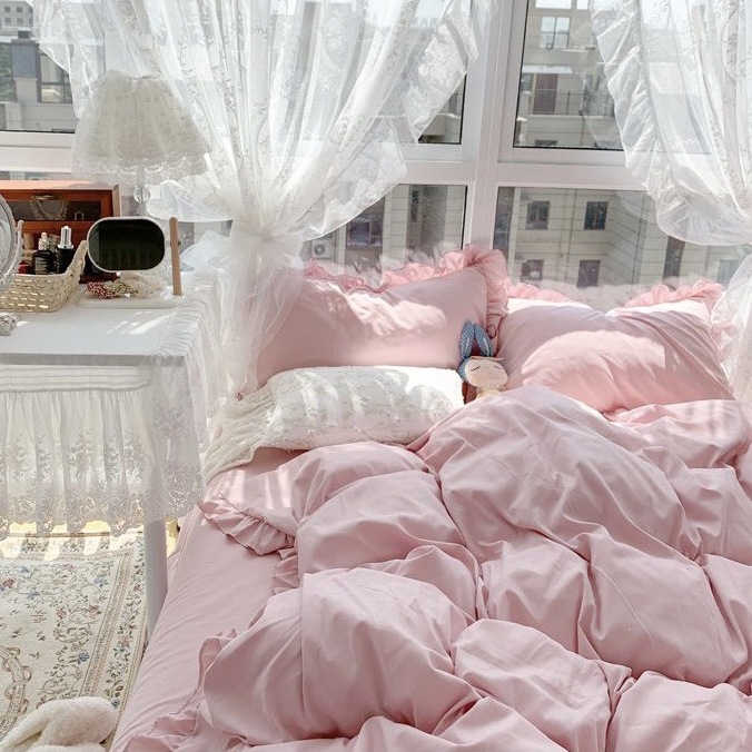 Bộ chăn ga cotton bèo Hàn dễ thương set vỏ 4 món miễn phí bo chun