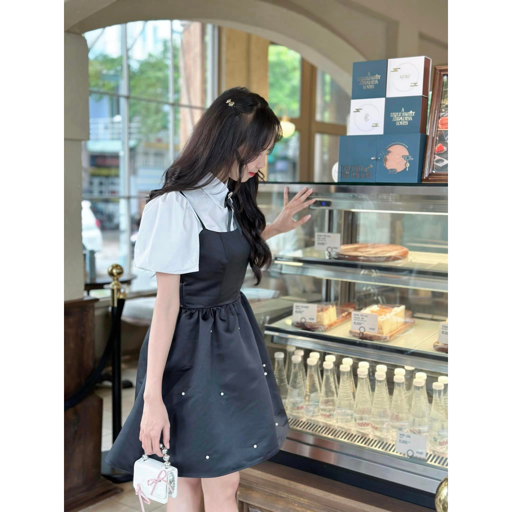 Set đầm 2 dây đính ngọc áo somi phong cách bánh bèo dễ thương CHIBEST HSC98