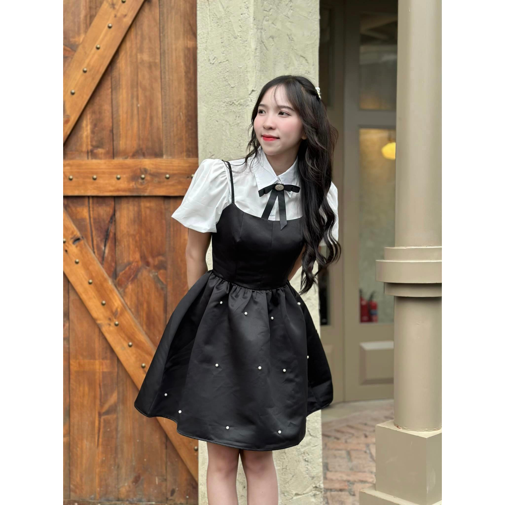 Set đầm 2 dây đính ngọc áo somi phong cách bánh bèo dễ thương CHIBEST HSC98