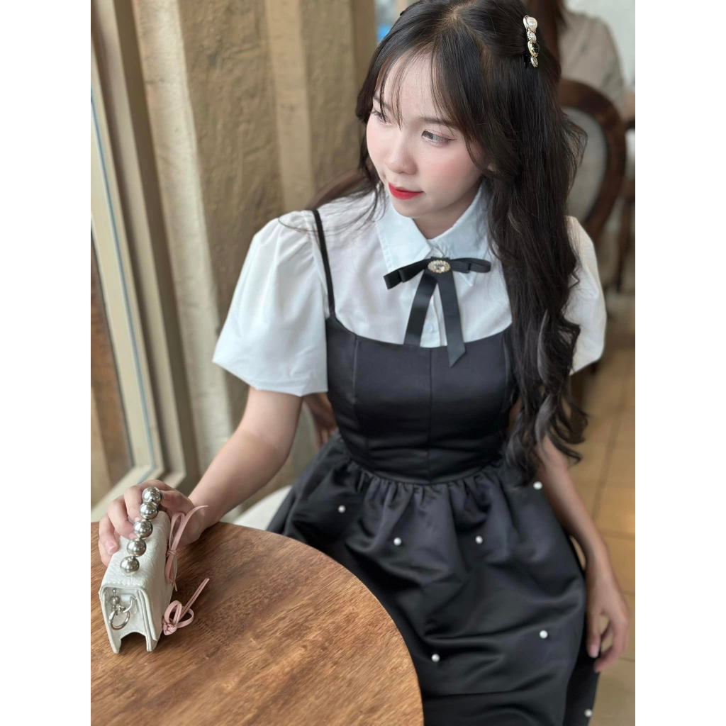 Set đầm 2 dây đính ngọc áo somi phong cách bánh bèo dễ thương CHIBEST HSC98