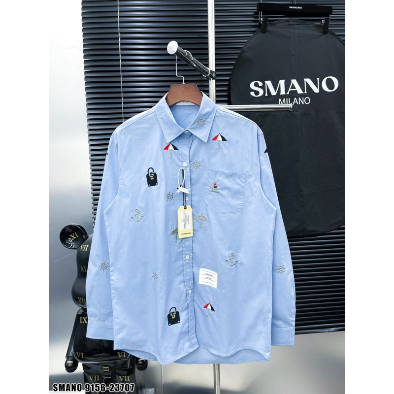 Áo sơ mi thom xanh thêu hình ô móc khoá,áo sơ mi thom browne thêu móc khoá mỏ neo đơn giản