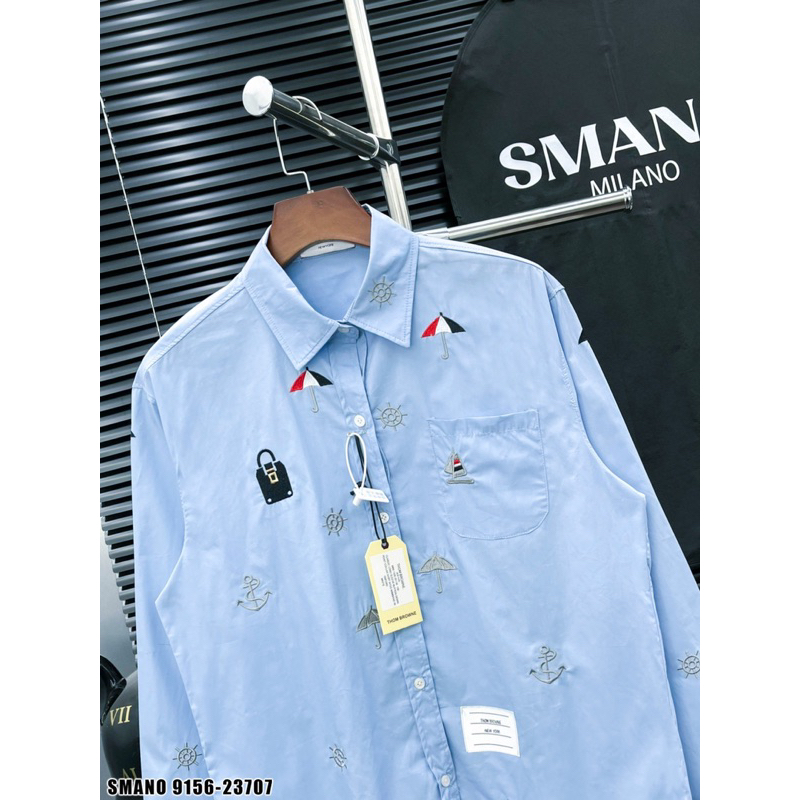 Áo sơ mi thom xanh thêu hình ô móc khoá,áo sơ mi thom browne thêu móc khoá mỏ neo đơn giản