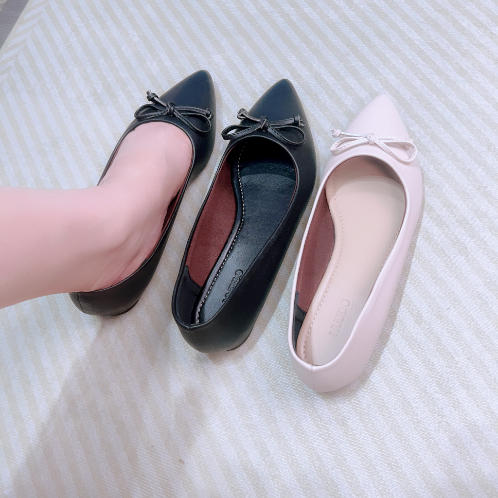 Giày Bệt Nữ Búp Bê Mũi Nhọn Da Thật Cao Cấp, Guốc Đế Bằng Phối Nơ Chỉ Da Mềm NUDDO - NN010C
