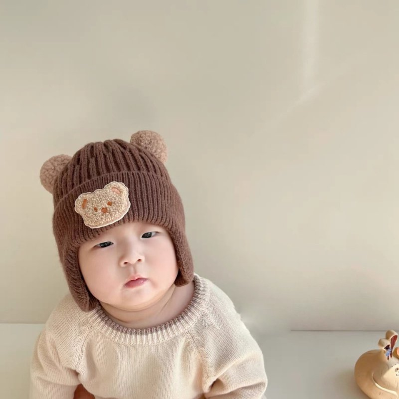 Mũ Nón Len Bịt Tai Ấm Baby Mùa Đông Cho Bé Đính Hình Gấu Tai Bông Dễ Thương