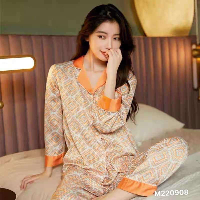 Đồ bộ nữ bộ pijama phong cách Hàn tay dài phối màu cam hàng Quảng Châu cao cấp HCOM394