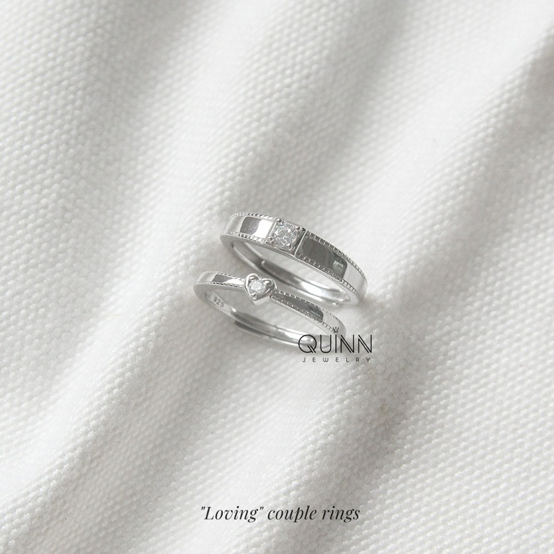 Nhẫn đôi bạc Loving, nhẫn đôi bạc tim đính đá freesize Quinn Jewelry