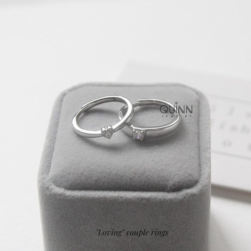 Nhẫn đôi bạc Loving, nhẫn đôi bạc tim đính đá freesize Quinn Jewelry