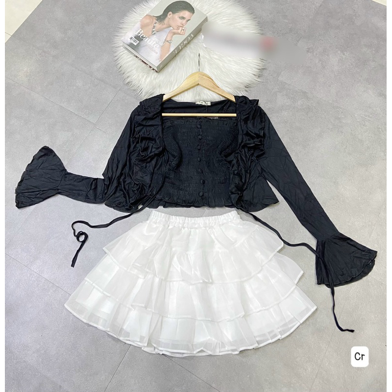 Set áo ống nhún chun nút bọc phối áo khoác tay dài kèm chân váy xoè tầng