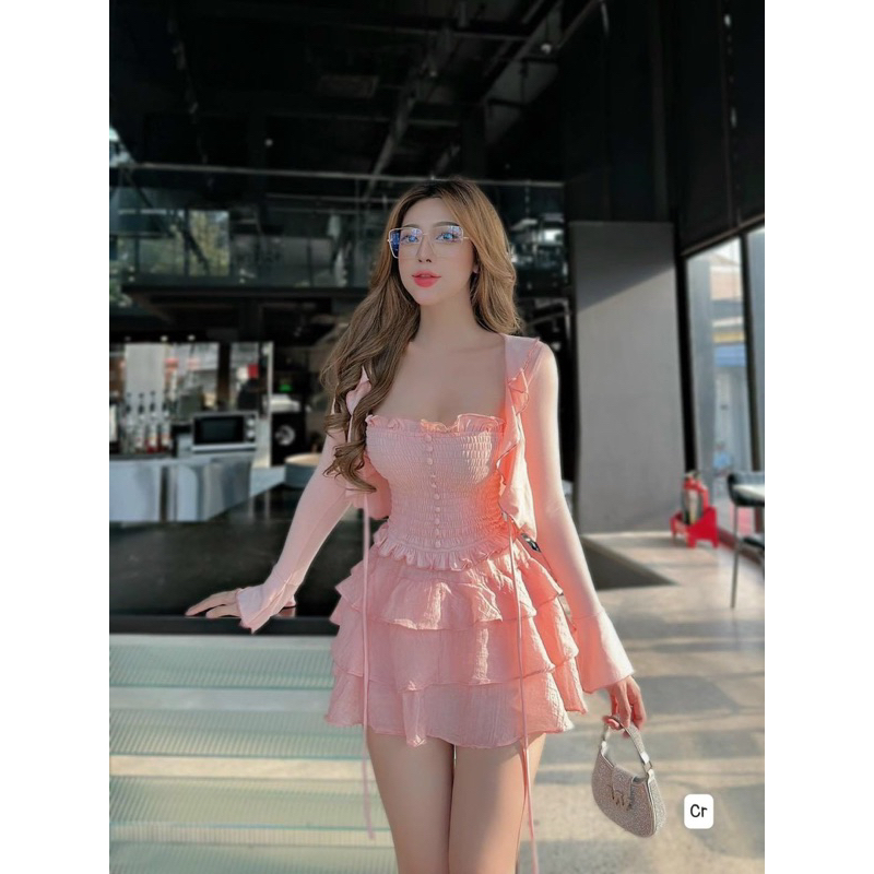 Set áo ống nhún chun nút bọc phối áo khoác tay dài kèm chân váy xoè tầng