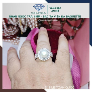Nhẫn hạt trai bạc ý 925 đính đá baguette - size 8ly ít vết sinh trưởng - Anchi jewelry