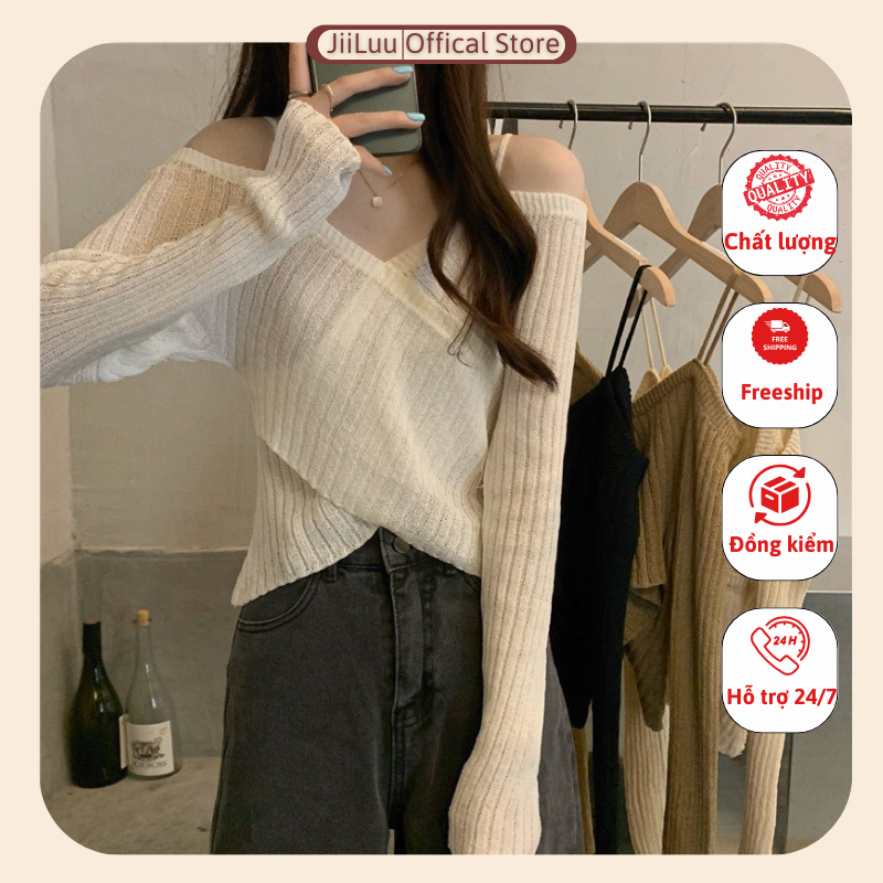 Áo len sợi tay 2 dây trễ vai JiiLuu trẻ trung, phong cách