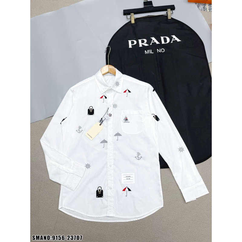 Áo sơ mi thom xanh thêu hình ô móc khoá,áo sơ mi thom browne thêu móc khoá mỏ neo đơn giản