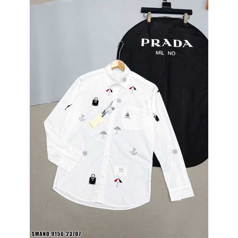 Áo sơ mi thom xanh thêu hình ô móc khoá,áo sơ mi thom browne thêu móc khoá mỏ neo đơn giản