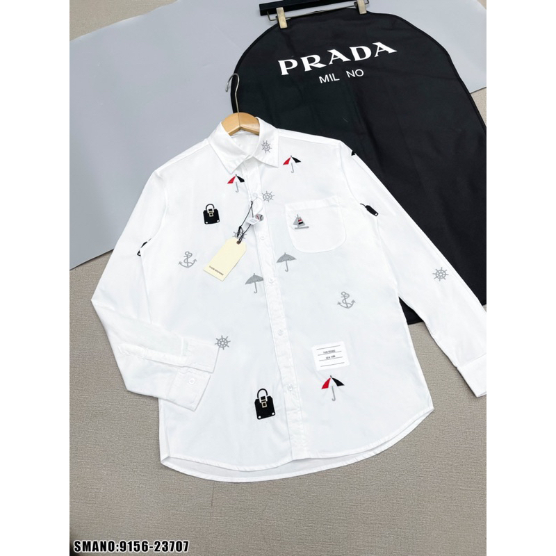 Áo sơ mi thom xanh thêu hình ô móc khoá,áo sơ mi thom browne thêu móc khoá mỏ neo đơn giản