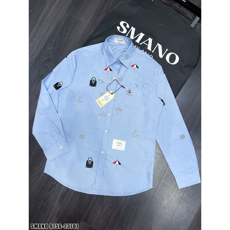 Áo sơ mi thom xanh thêu hình ô móc khoá,áo sơ mi thom browne thêu móc khoá mỏ neo đơn giản