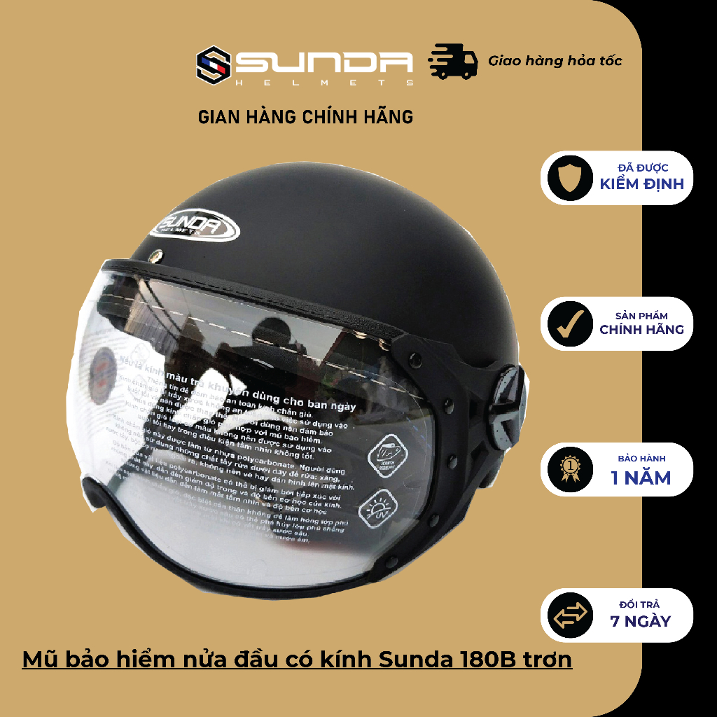 Mũ bảo hiểm nửa đầu có kính Sunda 180B trơn