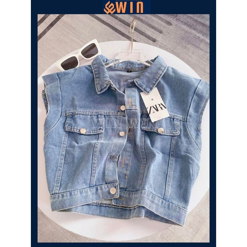 Áo gile jean croptop xanh trơn túi hộp, áo khoác jean nữ ngắn tay croptop chất bò dày dặn phong cách ulzzang hàn quốc