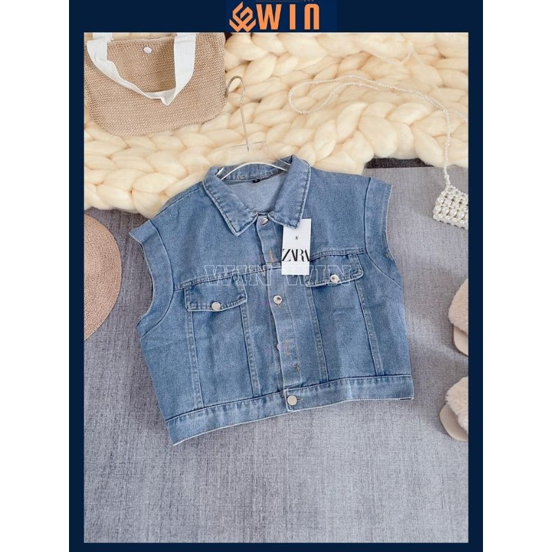 Áo gile jean croptop xanh trơn túi hộp, áo khoác jean nữ ngắn tay croptop chất bò dày dặn phong cách ulzzang hàn quốc