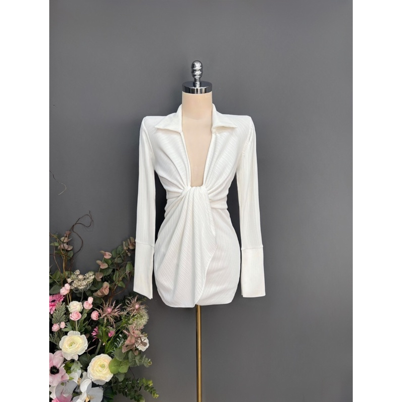 👗ĐẦM SƠMI TAY DÀI NHÚN HỞ NGỰC