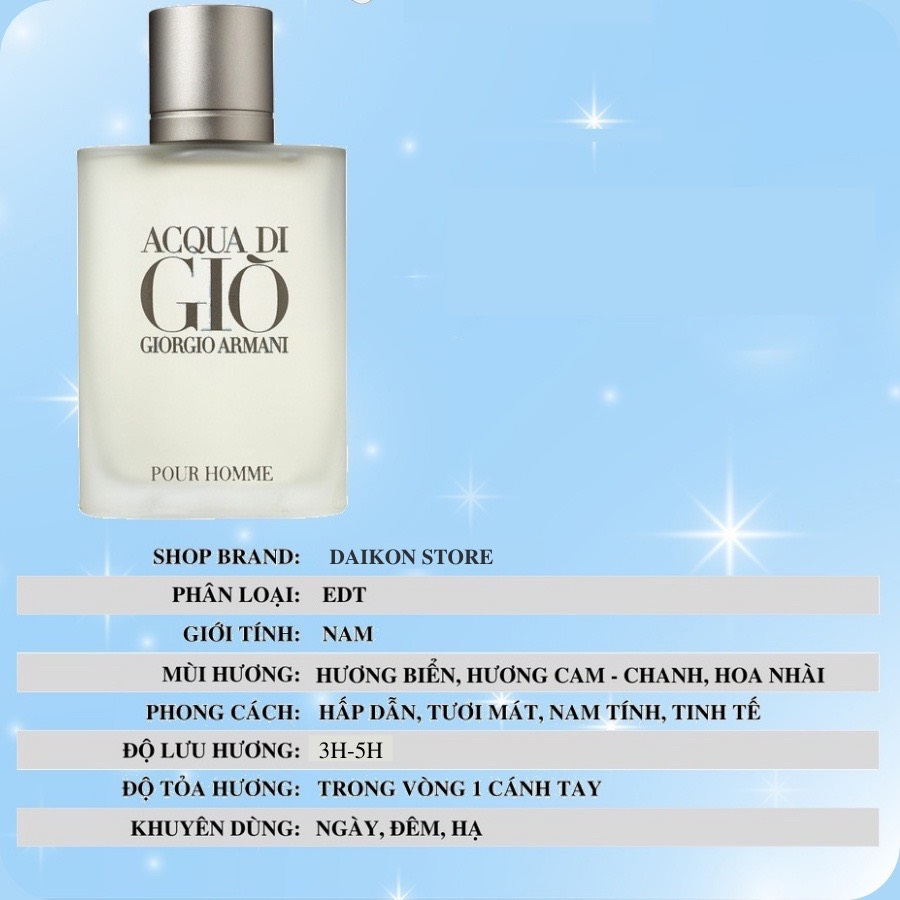 [𝐀𝐮𝐭𝐡] Nước Hoa Nam Giorgio Armani Acqua Di Gio Giò Trắng mạnh mẽ tinh thế - Duy Perfume | BigBuy360 - bigbuy360.vn
