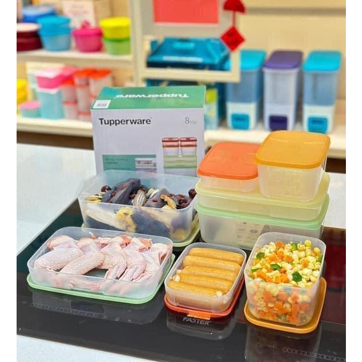 Set hộp trữ ngăn đông Tupperware Colorful Set 4 nhựa nguyên sinh thân trong nắp màu cam xanh 1.5l 650ml 250ml, Hộp đựng