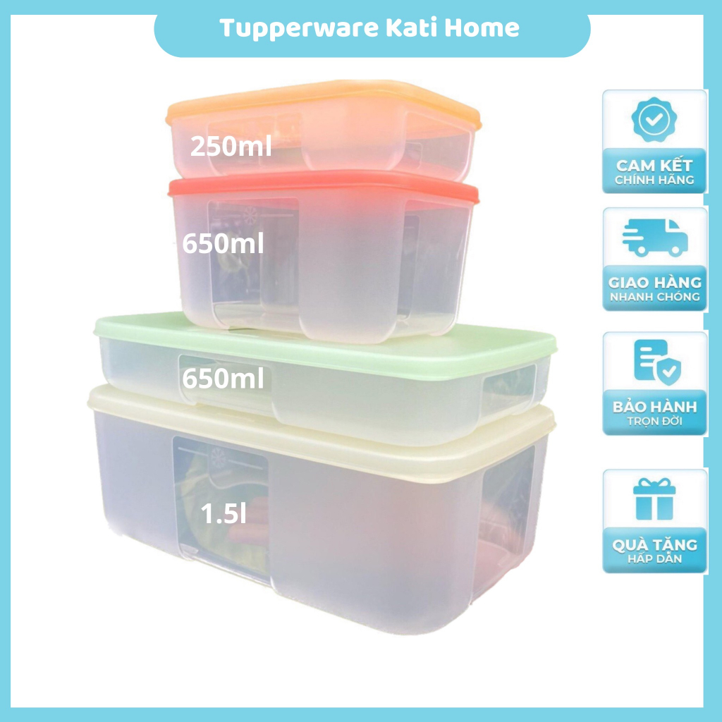 Set hộp trữ ngăn đông Tupperware Colorful Set 4 nhựa nguyên sinh thân trong nắp màu cam xanh 1.5l 650ml 250ml, Hộp đựng