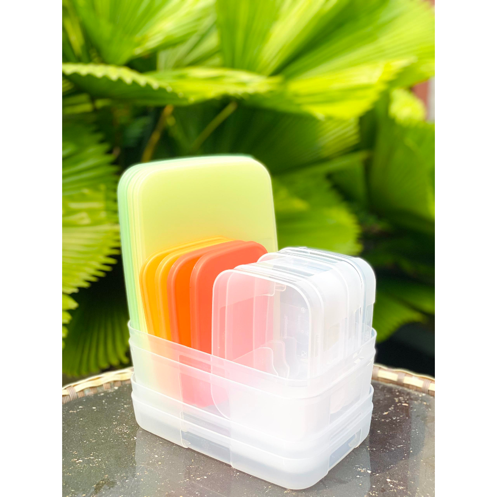 Set hộp trữ ngăn đông Tupperware Colorful Set 4 nhựa nguyên sinh thân trong nắp màu cam xanh 1.5l 650ml 250ml, Hộp đựng