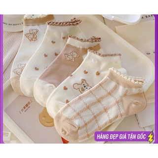Tất người lớn, set 10 đôi tất người lớn nhiều họa tiết tông màu be nâu