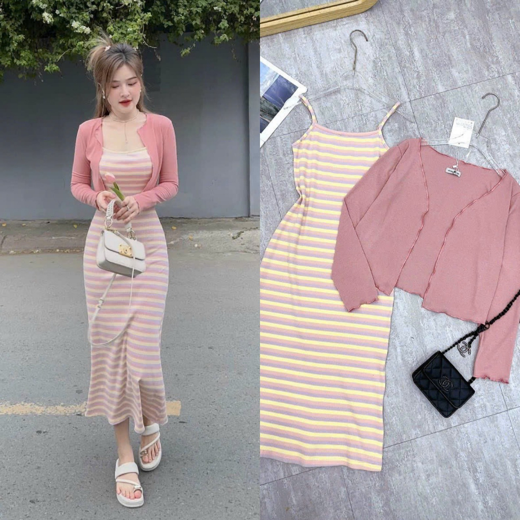 Sét đầm body hai dây kẻ ngang phối khoác thun cực bánh bèo