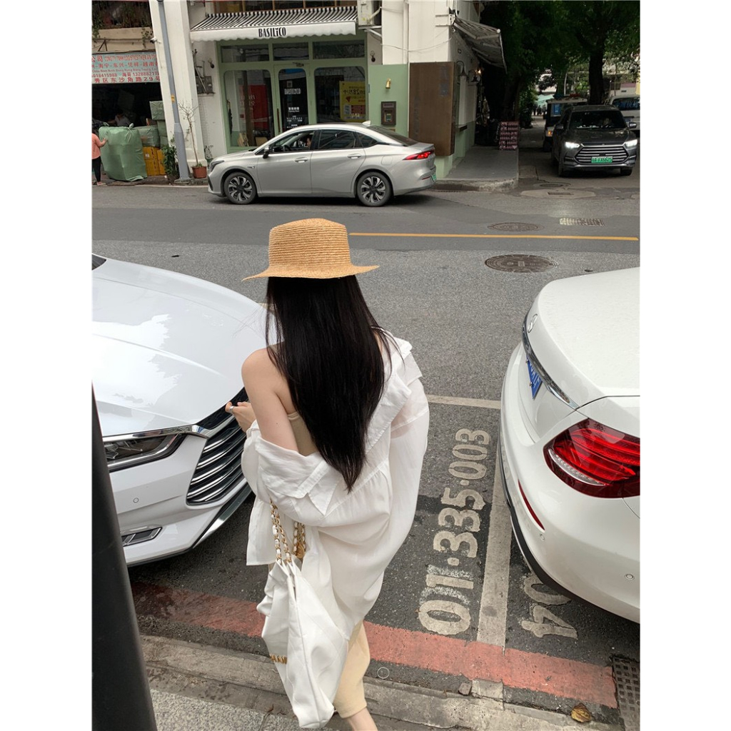 SET ĐẦM 2 DÂY GÂN TĂM KEM MIDI + ÁO KHOÁC SƠ MI TRẮNG